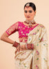 Pearl White Woven Paithani Silk Saree With Contrast Blouse