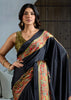 Jet Black Printed Satin Silk Saree