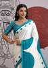 Teal Blue Printed Satin Silk Saree
