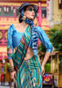 Turquoise Blue Satin Crepe Printed Silk Saree