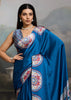 Dazzaling Blue Printed Satin Silk Saree