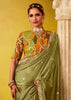 Kiwi Green Woven Embroidered Chiffon Saree