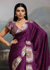 Wine Purple Printed Satin Silk Saree