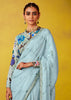 Aquatic Blue Woven Embroidered Chiffon Saree