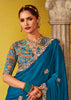 Coral Blue Woven Embroidered Chiffon Saree