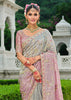 Grey Pink Designer Embroidered Silk Saree