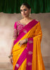 “Exclusive Offer” : Saffron Yellow & Pink Woven Banarasi Satin Silk Saree