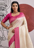 Pink Border Ivory Woven Banarasi Silk Saree