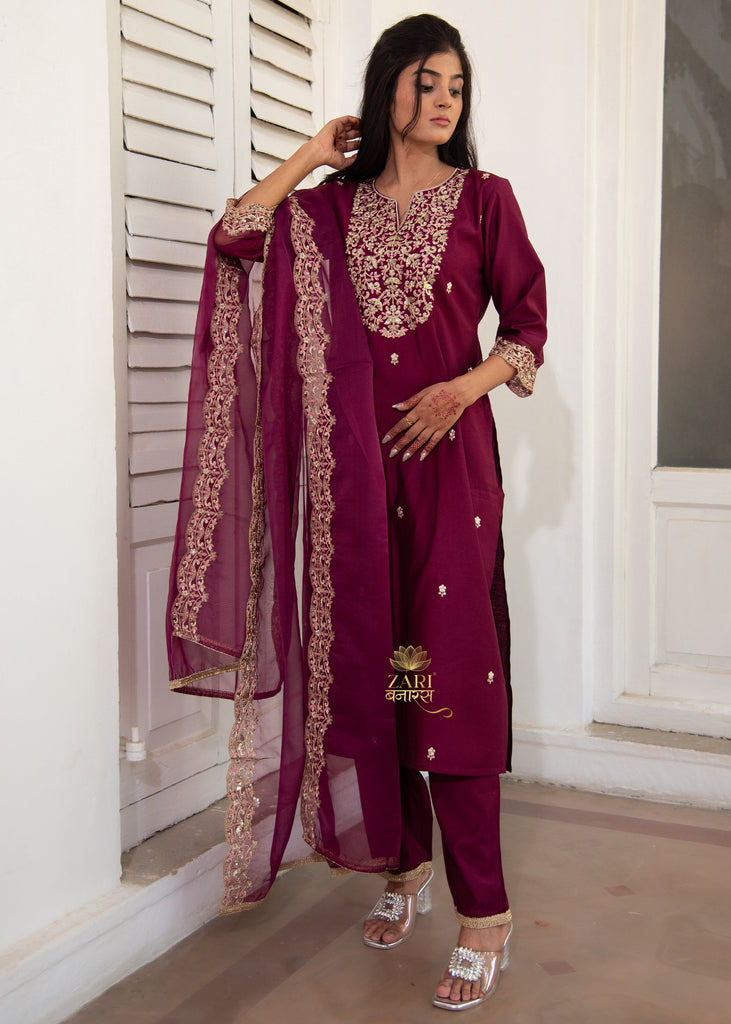 Wine Zari Embroidered Suit Set (10702047445185)