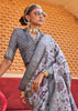 Deep Grey Floral Printed Silk Saree With Contrast Border