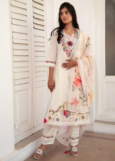 Off White Embroidered Silk Suit Set (10702893121729)