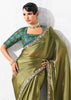 Olive Green Embroidered Designer Silk Saree