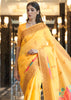FLORAL YELLOW WOVEN BANARASI LINEN SILK SAREE (6938609123521)