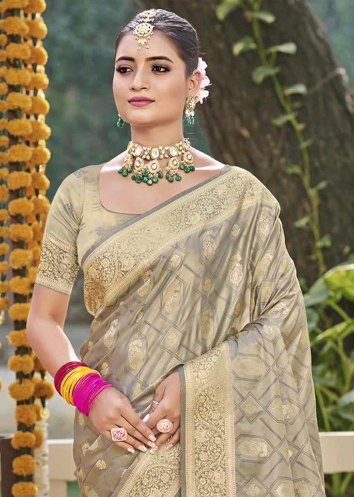 Moss Grey Woven Banarasi Satin Silk Saree