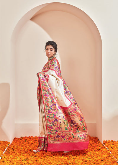 Kamalya (Pre-Order) : Paithani Saree in Shades of White and Classic Lotus Motifs Border (6894194393281) (7586833989825)