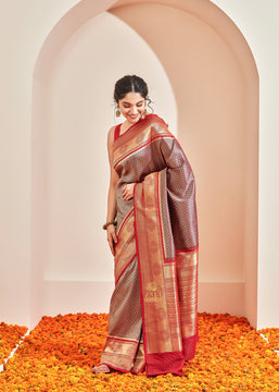 Kanakam (Pre-Order): Kanjivaram Kadhwa Weave Saree in the shades of Golden Purple and Red (6894241972417)