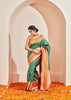 Ananda : Silver and Gold Zari Striped Kanjivaram Saree in the Shades of Forest Green