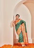 Ananda : Silver and Gold Zari Striped Kanjivaram Saree in the Shades of Forest Green