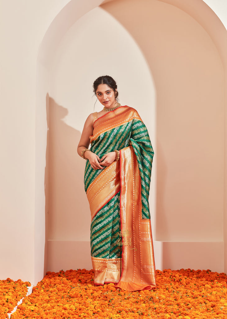 Ananda : Silver and Gold Zari Striped Kanjivaram Saree in the Shades of Forest Green