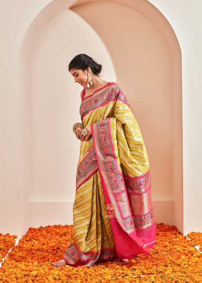 Ikat (Pre-Order): Kanjivaram saree in the shades of Green and Pink with a Patola Border (6894255079617)