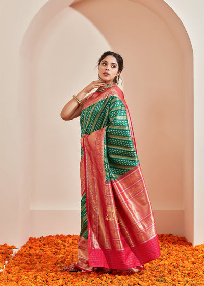 Devica (Pre-Order): Kanjivaram Saree with Diamond Twill in the Shades of Green and Pink (6894286241985)