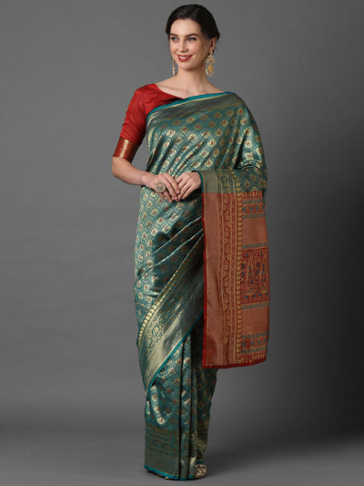 GOLDEN SEA GREEN WOVEN KANJIVARAM SAREE (6871696670913)
