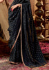“Exclusive Offer” : Pirate Black Woven Designer Embroidered Silk Saree With Contrast Blouse