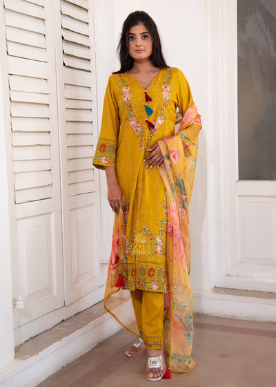 Golden Yellow Embroidered Silk Suit Set (10702900494529)