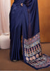 Mazarine Blue Satin Silk Saree with Ajrakh Printed Pallu and Blouse