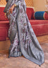 Deep Grey Floral Printed Silk Saree With Contrast Border