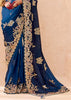 Medieval Blue Heavy Embroidered Designer Silk Saree