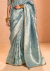 River Blue Woven Banarasi Designer Tissue Silk Saree With Embroidered Blouse