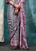 Grey and Purple Satin Crepe Printed Silk Saree