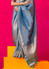 Azure Blue Woven Banarasi Tissue Silk Saree With Contrast Blouse