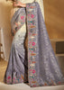 Elegant Cream & Grey Designer Embroidered Crape Silk Saree