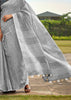 FROSTY GREY WOVEN LINEN SAREE WITH KHADI PRINT BLOUSE (6713088737473)