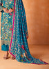 Ceramic Blue Embroidered Suit Set With Floral Print