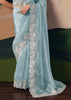 Aqua Blue Embroidered Designer Silk Saree