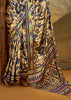 Blue And Beige Printed Satin Silk Saree