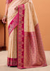 Cream And Pink Banarasi Satin Silk Saree