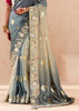 Ash Grey Heavy Embroidered Designer Silk Saree