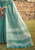 AQUA BLUE WOVEN LINEN SAREE WITH KHADI PRINT BLOUSE (6713084838081)