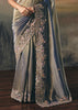 Golden Blue Tissue Embroidered Wedding Wear Saree