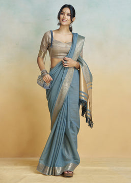 Cloud Grey Woven Banarasi Linen Silk Saree