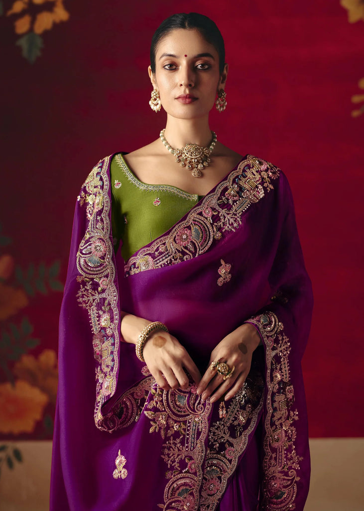 Berry Purple Designer Embroidered Saree