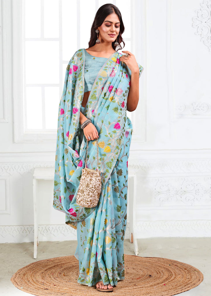 Aruba Blue Woven Linen Cotton Silk Saree