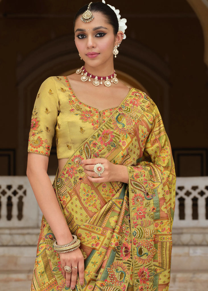Celery Yellow Designer Embroidered Silk Saree