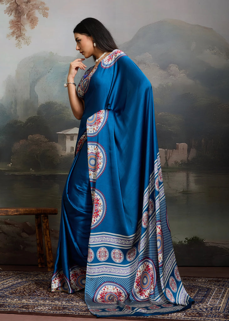 Dazzaling Blue Printed Satin Silk Saree