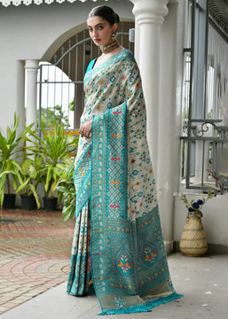 White & Sea Green Woven Banarasi Patola Silk Saree