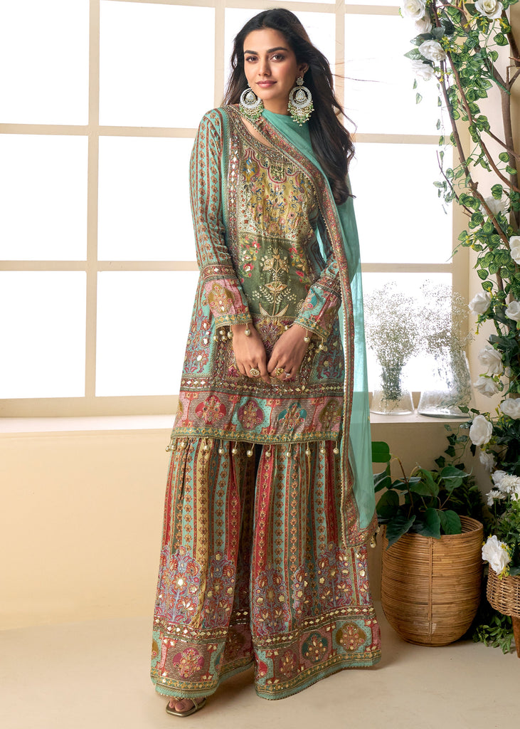 Multicolor Green Embroidered Sharara Set